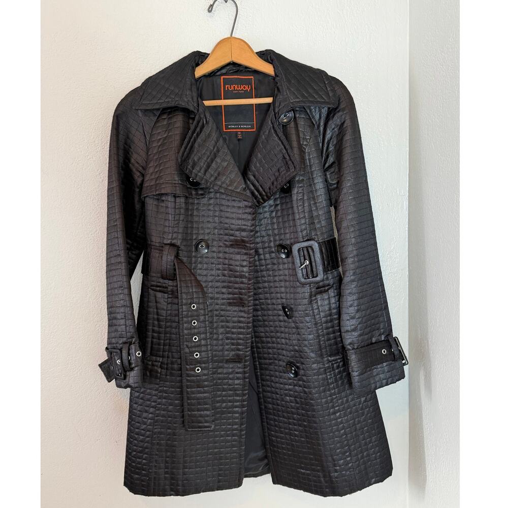 Women's Runway New York Black Belted Long Trench Coat Jacket Size Medium - Picture 2 of 7